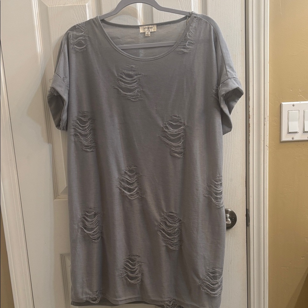 Umgee Distressed Gray T-Shirt Dress with a slip liner.